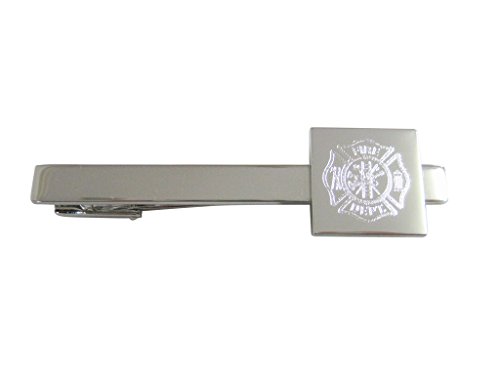 Kiola Designs Silver Toned Etched Fire Fighter Emblem Square Tie Clip