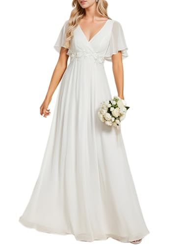 Image of Ever-Pretty Women's Spring Short Sleeve Bridesmaid Dresses V-Neck Chiffon Ruched Empire Waist Appliques Long Formal Dress