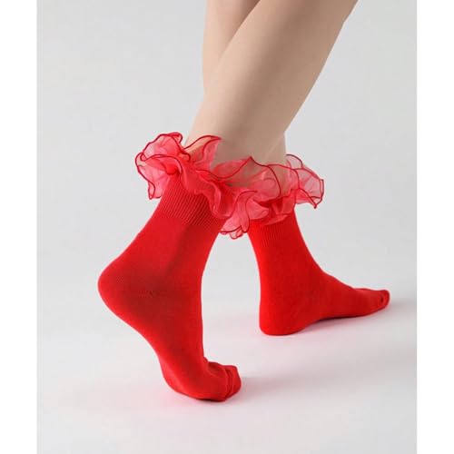 Image of Women Big Ruffle Ankle Socks Adult Double Lace Frilly Socks Fold Cuff Cotton Ruffled Dress Crew Bobby Bride Sock