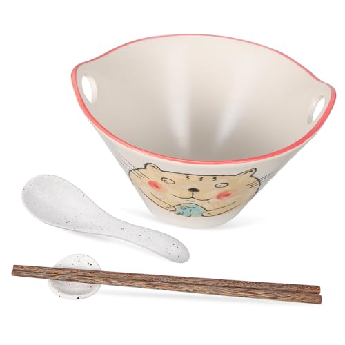 Cabilock 寸双孔ラーメンボウル 猫柄 製 大容量 スープ パスタ対応 箸置き付き箸 スプーン和風食器
