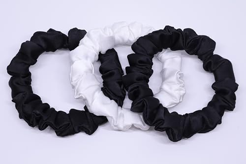 Image of Satin Scrunchies Hair Bands for Women | No-Damage Elastic Hair Ties for Ponytails & Buns | Fluffy & Stylish Rubber Bands | Free Size | Pack of 3 (Set of Black and Off White Color)
