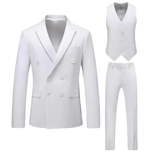 Men Full Notched Lapel Double Breasted 3-Piece Wedding Graduation Casual Banquet Suit White