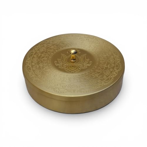 Image of Pure Brass Small Masala Box (6 Inch) with Lotus Design, Handcrafted Spice Box with 7 Containers & Spoon, Mukhwas Box, Kitchen Storage, Round Brass Masala Dani, Diwali & Housewarming Gift