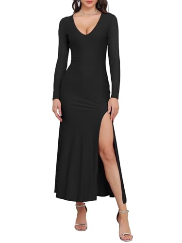 BWQ Women's Elegant V Neck Split Bodycon Dress Sheer Mesh