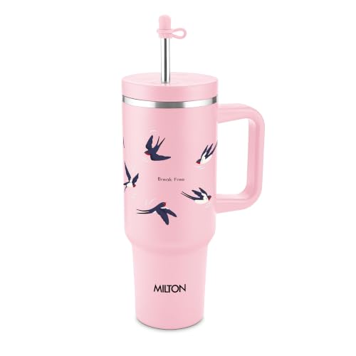 Image of MILTON My Tumbler Studio 1200 Thermosteel Double Wall Vacuum Insulated SS Tumbler with Handle 1100ml, Leak Proof Travel Mug, Straw, Silicon Cap Cleaning Brush, Hot & Cold Beverage Flask, Pink Birds