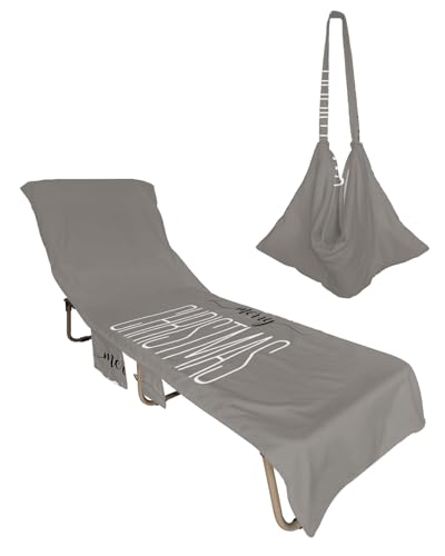 Grey Merry Christmas Beach Lounge Chair Towel Cover, Soft Chaise Lounge Towel with Side Pockets Patio Pool Chairs Cover for Beach/Pool Sunbathing 29x85 Xmas Gray