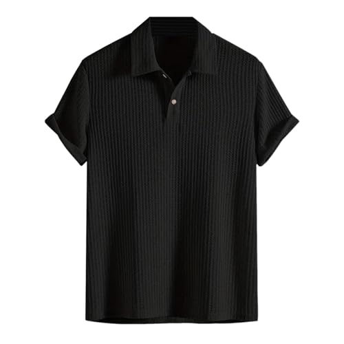 Camisetas para hombre Paquete de algodón sólido casual moda moda manga corta solapa solapa botones Top cosas baratas, Negro , XL