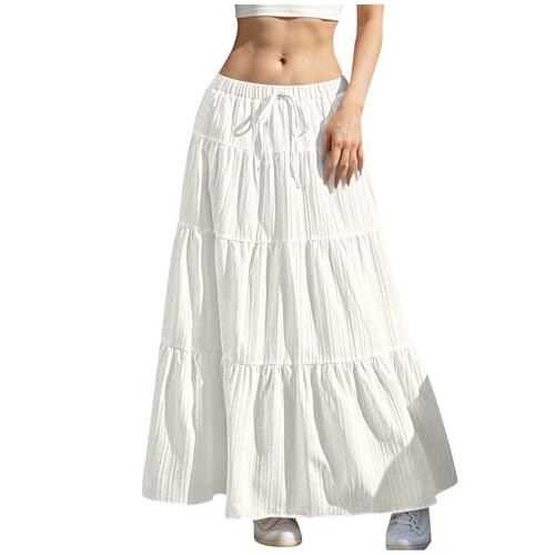 Tiered Long Skirts for Women Summer Vacation A-Line Pleated Skirt Drawstring High Waisted Flowy Swing Solid Maxi Skirts