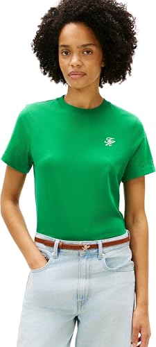 Tommy Hilfiger Damen T-Shirt Kurzarm Script Regular mit Rundhalsausschnitt Grün (Courtside Green) M