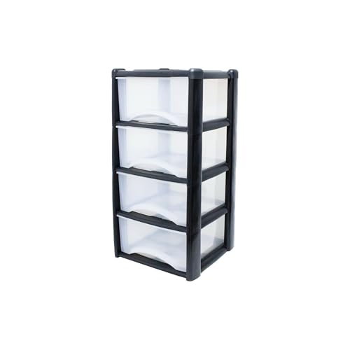 Neat. 4 Plastic Storage Drawers Unit with See-Through Drawers, Compact Vertical Design – Durable Plastic, Ideal for Organizing Office Crafts, and Household Items, 80cm x L39cm x W39cm - Black/Clear