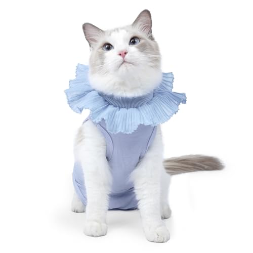 MEIAOJIA 術後服 猫用 無地 花輪付き 回復首輪の代わり モルデール ペット術後ウェア 猫の服 ネコ 春夏服 介護服 皮膚保護 不妊手術 傷口保護 傷舐め 引っ掻き防止(L,群青色)