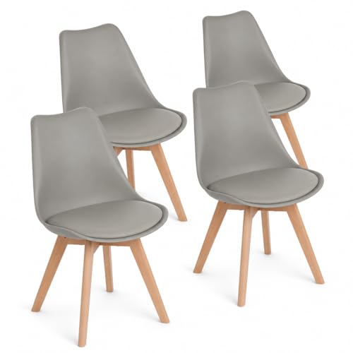 EGGREE Lot de 4 Chaises Salle Manger Scandinaves SGS Tested Rétro Chaises Rembourrée Chaise de Cuisine Bureau avec Pieds en Bois de Hêtre Massif Gris