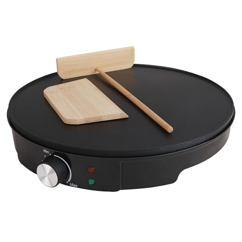 Crepera Electrica con Espatula de Madera y Esparcidor de Masa Control de Temperatura Ajustable Antiadherente para Crepes Tortitas Tortillas Rollitos de Primavera Maquina de Cocina
