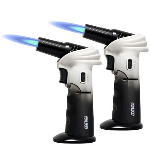 Butane Torch Lighter, 0-90°Rotating Angle Butane Lighter, Refillable Kitchen Torch with Safety Lock, Adjustable Flame for Soldering (White & Black-2 Pack)
