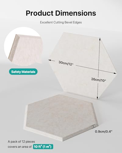 Image of Soundsbay Hexagon Acoustic Panels, Self-Adhesive 18 Pack Sound Panels | 150kg /m High-Density Polyester, Covers 15 sq ft Soundproof Wall Panels for Walls, Office, Ceiling 12 inch X 10 inch Beige