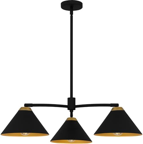 Quoizel Alscott Shaded Chandelier, 32 Inch, 2-Light Matte Black Hanging Ceiling Light with Metal Shades and Gold Accents, Max Adjustable Height 49", Modern Design for Dining, Living Room, or Kitchen