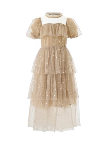 New 2-12 Years Girls Princess Dress Sparkly Tulle Tiered Ruffle Sleeve Party Dress