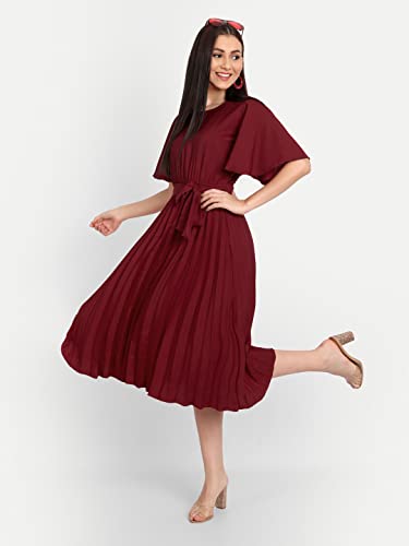 Image of KUDUZO Women's Crepe Long Pleated Below Knee Length Flutter Sleeve Round Neck S to XL Maxi Dress for Girls. (EG-U0IM-B9A1)