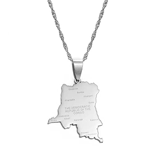 République Démocratique Du Congo Carte Villes Charme Pendentif Et Chaîne Colliers,Congo National Pour Femmes Hommes Cartes Géométrie Bijoux Amulette Ornements Patriotiques,Argent,45Cm Chaîne