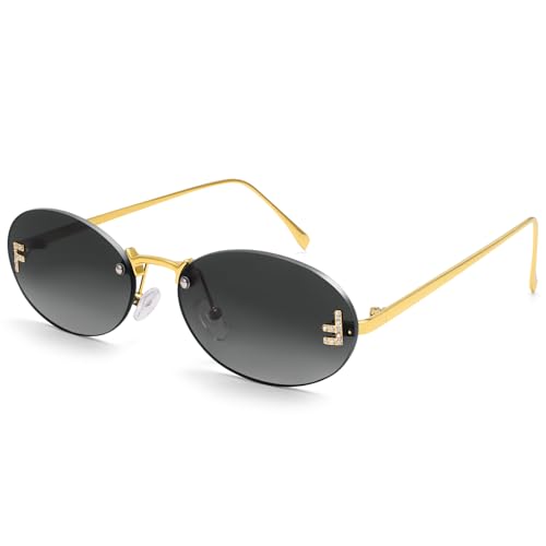 Dollger Trendy Rimless Oval Sunglasses Women Men Retro Y2K Small Diamond Frame 90s Metal Designer Fashion Glasses Gradient Blue Shades