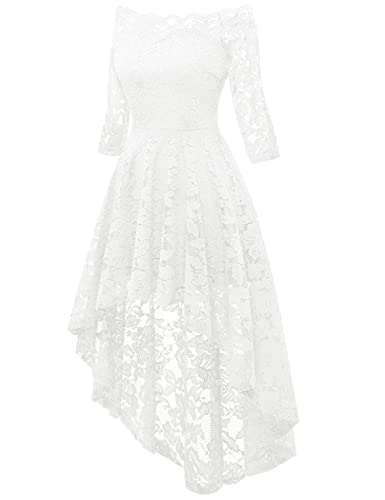 Muadress Women Vintage Lace Cocktail Party Dress Off Shoulder 3/4 Sleeve Hi-Lo Dress A-White Medium #TOP1