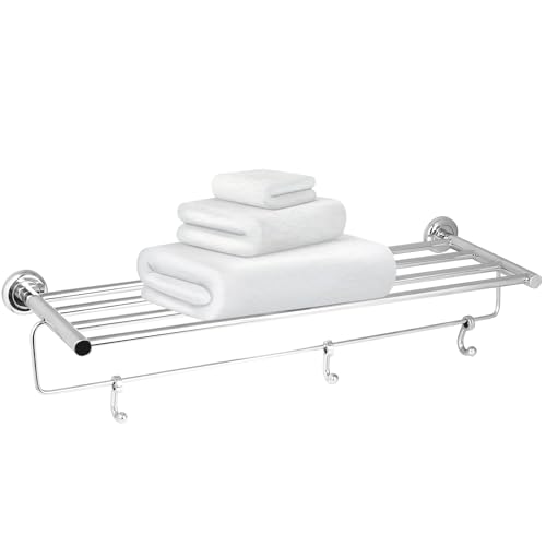 Image of Zureni Folding Towel Rack for Bathroom with Multipurpose Hooks Wall Mount Hanger Bar Shelf Accessories and Fittings Stand Home Washroom Kitchen (Pack of 1, Silver, Circular Rod)