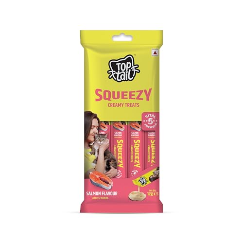 Image of Squeezy Creamy Treats for Cat | Salmon Flavour | 120 Grams, Combo Pack of 2 x 60g (12g x 10 Sachets) | Lickable Treats for Cats, Rich in Omega-3 & 6 Fatty Acids