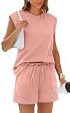RUBZOOF Two Piece Short Sets for Women Casual Crewneck Cap Sleeve Lounge Sets Fashion Comfy Outfits Sweatsuits Pink XL