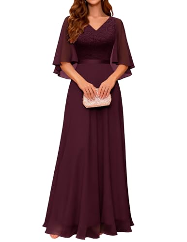 DRESSTELLS Festliche Abendkleider Damen Hochzeit Maxi Ballkleid Brautkleid Standesamt Chiffon Cape Ärmel Cocktailkleid Elegant Lang Festliches...