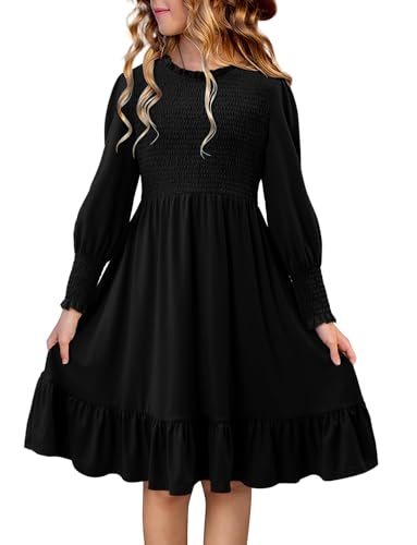 Yoklass Girls Smocked Dress Casual Puff Long Sleeve Ruffle Neck Dresses 4-13 Years