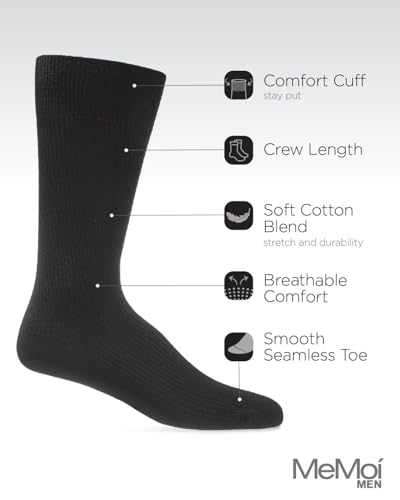 MeMoi Pin Ribbed Black Mens Crew Socks, Durable Cotton Blend Mens Dress Socks - Sizes 9-15, Pack of 33