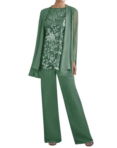 Image of 3 Pieces Mother of The Bride Dresses Pant Suits - Lace Chiffon Long Sleeve Grandmother Dresses with Jacket