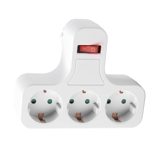 Enchufe múltiple con 3 Tomas de Corriente con Interruptor de Encendido, 3680W, 16A, 250V, Blanco，Adaptador de Regleta
