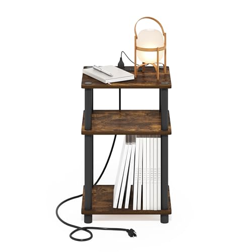 Image of Furinno Just 3-Tier Turn-N-Tube Open Storage Side Table, End Table with USB and Type-C Charging Station, Amber Pine /Black