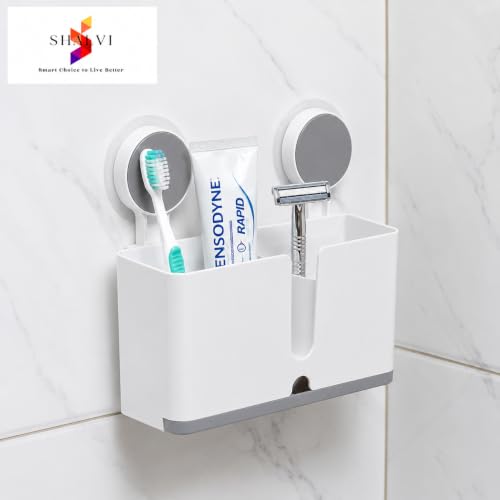 Image of SHALVI Plastic Tooth Brush Holder for Bathroom | Toothbrush Holder Wall Mount | Brush Holder for Bathroom | Toothbrush Holder for Electric Toothbrushes, Toothpaste & Makeup Brush Holder, White