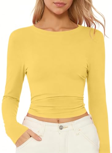 Damen Langarm T-Shirt Rundhalsausschnitt Basic Langarmshirt Slim Fit Y2K Top Hellgelb S