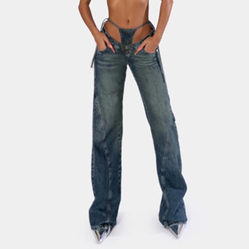 Y2k High Waisted V Strap Design Tie Side Loose Straight Leg Jeans for Women Y2k Denim Pants4