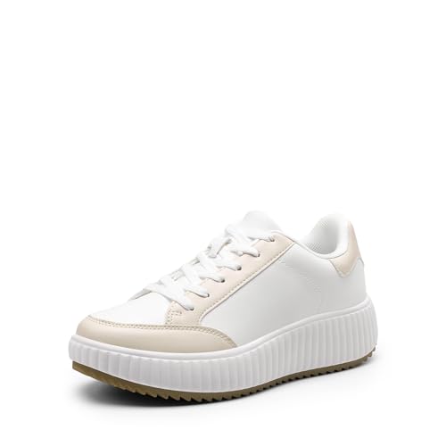 DREAM PAIRS Women Platform Chunky Lightweight Comfortable Casual Faux Leather Lace-Up Dee Walking Fashion Sneakers 10 White/Apricot