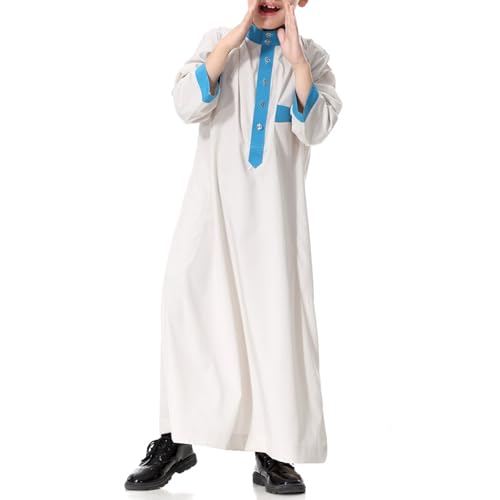 Boys Muslim Thobe Kids Islamic Kaftan Ramadan Eid Outfits Prayer Clothes Long Sleeve Stand Collar Robe with Pocket2