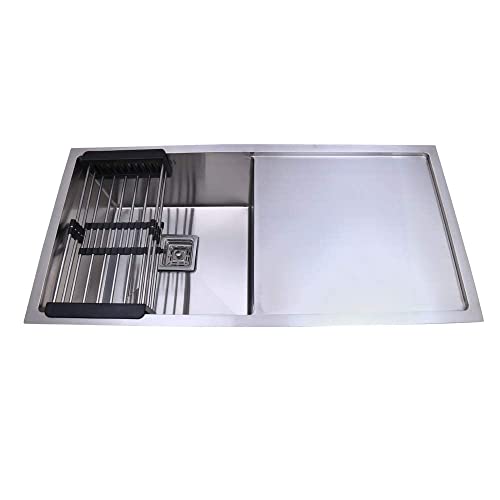 Image of CROCODILE Stainless Steel Kitchen Sink 37x18x10 Inch | Grade 304 Rust-Resistant Single Bowl Sink with Drainboard | Heavy Duty Matte Finish | Modern Silver Kitchen Sink