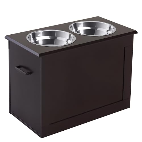 PawHut Erhöhter Hundenapf Futternapf mit Staumraum Wassernapf 2 x 2000ml Edelstahlnäpfen Hundenäpfe Fressnapf Futterstation für Hunde Katzen Espresso