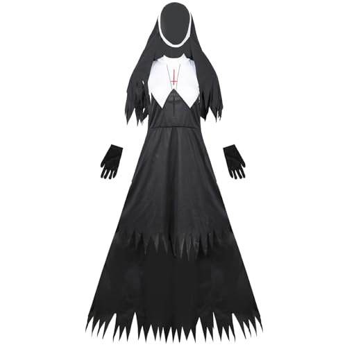 Disfraz de monja demoníaca Halloween para mujer adulta, disfraz monja horror película de terror con vestido y velo, traje aterrador para fiesta de disfraces, teatro y cosplay