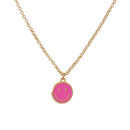 Feebulov Pink Smiley Face Necklaces 14K Gold Chain Simple Circle Happy Face Pendant Dainty Preppy Jewelry for Women Girls