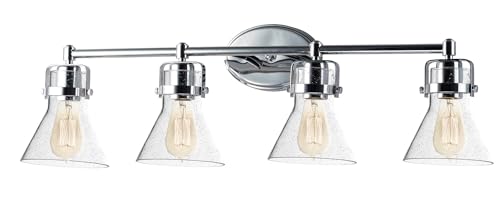 Image of Maxim Lighting Seafarer 4-Light Bath Vanity Light | Polished Chrome Steel Finish | Seedy Glass Shade | Industrial Indoor Light Fixture | Ideal for Bathrooms & Powder Rooms | Dimmable | 26114CDPC