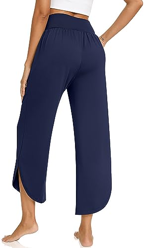 Image of TARSE Women's Wide Leg Yoga Pants Cross High Waist Flowy Split with Pockets | Comfy Lightweight Stretch, Flare Hem Cropped, Loose Dance Pants, Travel & Lounge, Everyday Casual Wear