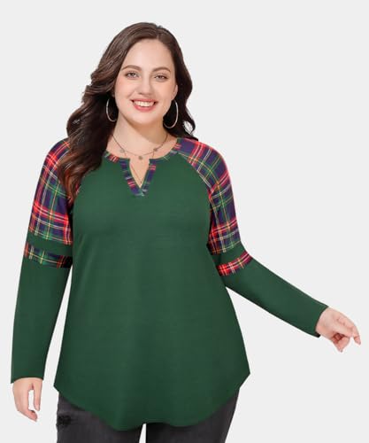 Image of CARCOS Plus Size Tops for Women Long Sleeve Fall Tunic Color Block Camo /Plaid /Leopard /Fall Blouse Crewneck Tshirt XL-5XL