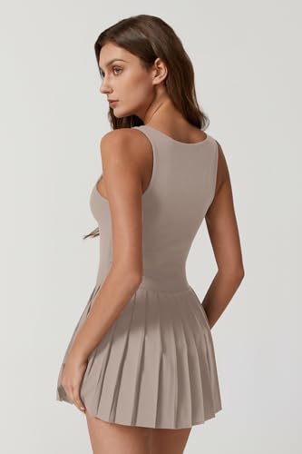 Image of QINSEN Womens Square Neck Tennis Dress Pleated Sleeveless Built in Shorts Golf Athletic Dress with Pockets