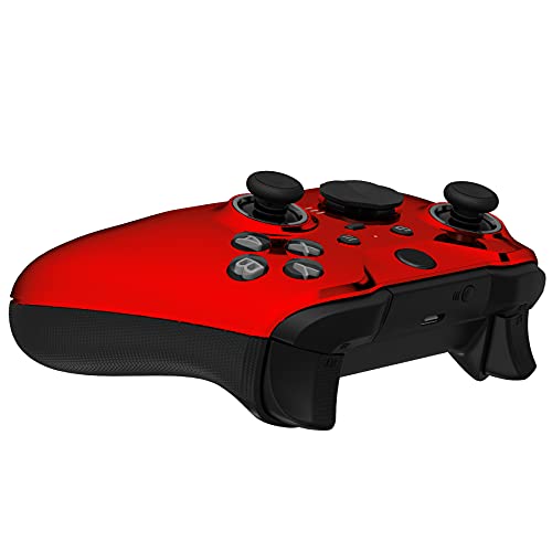 Image of eXtremeRate Chrome Red Edition Glossy Faceplate Cover, Front Housing Shell Case Replacement Kit for Xbox One Elite Series 2, Xbox Elite 2 Core Controller Model 1797 - Thumbstick Accent Rings Included