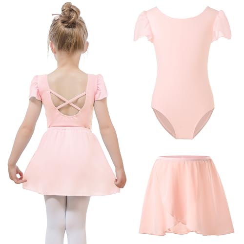 Bezioner Ballettkleidung mädchen mit Abnehmbarem Ballettrock Tanzbody Puffärmel Balette Kleidung Mädchen Ballettanzug Kinder Rosa 140(10-12 Jahre, 140-150 cm)