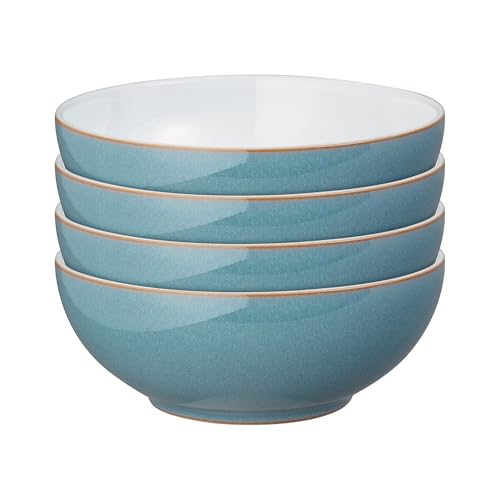 Denby - Azure Alt Coupe Set of 4 Cereal Bowls - Dishwasher & Microwave Safe Ceramic Crockery - Powder Blue Glaze Bowls for Soup, Rice - Chip & Crack Resistant Stoneware for Everyday - L17xW17xH6.5cm
